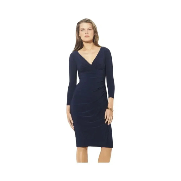NWT Lauren Ralph Lauren Matte Dark Blue Knee Length V-Neck‎ Jersey Dress 8P - Picture 1 of 10